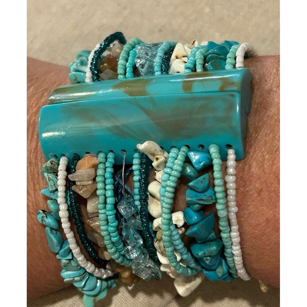 Chunky Bracelet Beaded and Stone Wide Blue Tan Cream